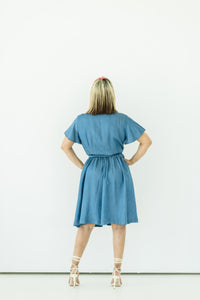 denim flutter sleeve dress Denim Flutter Sleeve Midi Dress